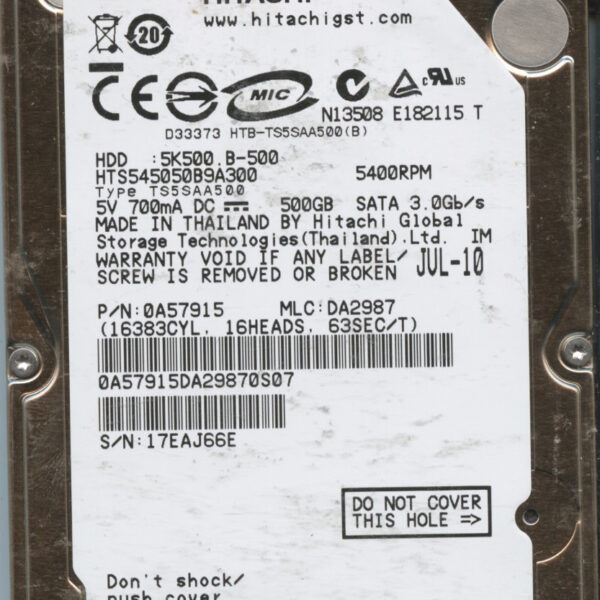 HGST HTS545050B9A300 0A57915 DA2987 THAILAND 07:10 500GB HDD