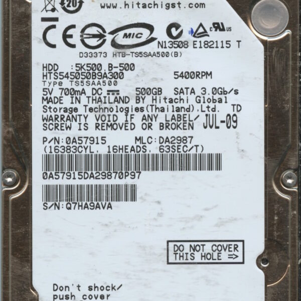 HGST HTS545050B9A300 0A57915 DA2987 THAILAND 07:10 500GB HDD