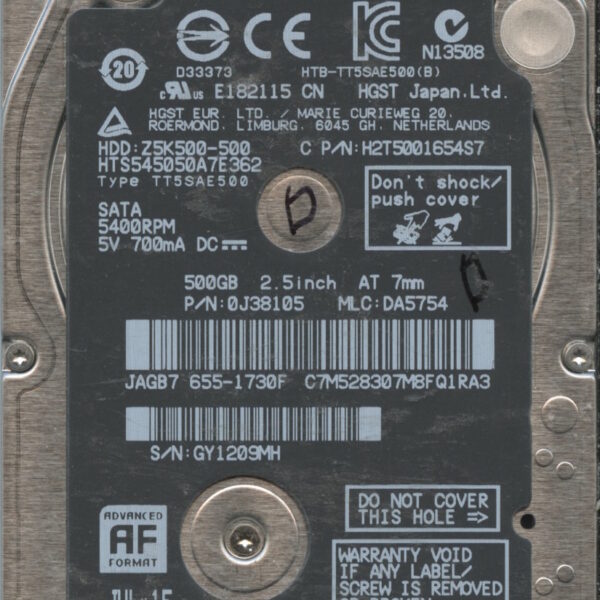 HGST HTS545050A7E362 0J38105 DA5754 CHINA 07:15 500GB HDD