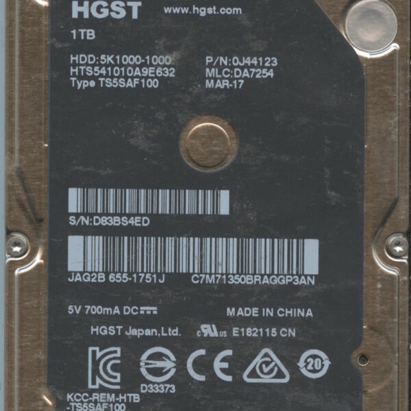 HGST HTS541010A9E632 0J44123 DA7254 CHINA 03:17 1TB HDD