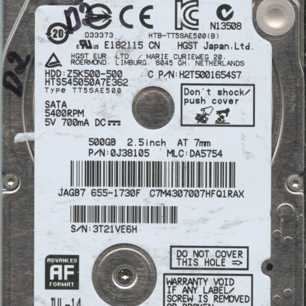 HGST HTS545050A7E362 0J38105 DA5754 CHINA 07:14 500GB HDD