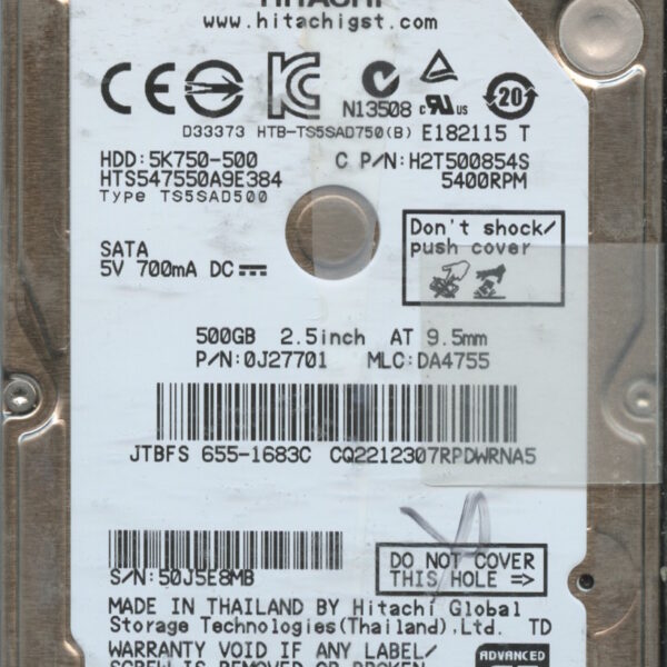 HTS547550A9E384 0J27701 DA4755 THAILAND 03:12 500GB HDD