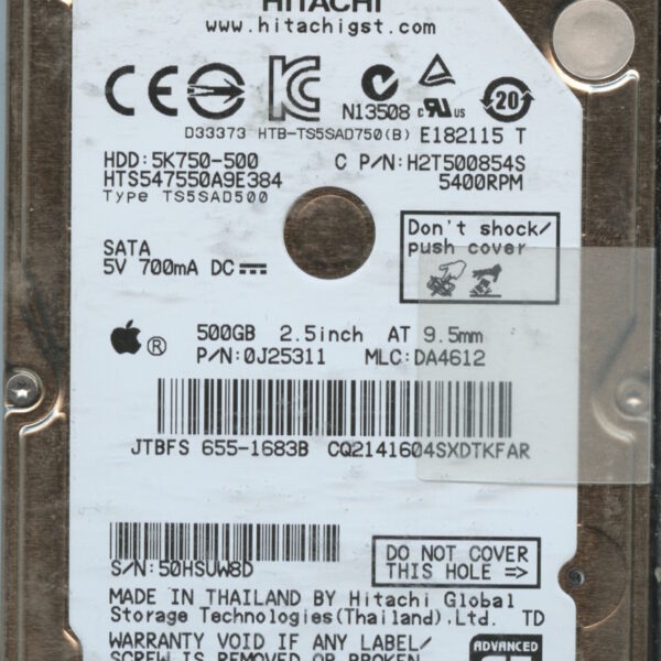 HTS547550A9E384 0J25311 DA4612 THAILAND 10:11 500GB HDD