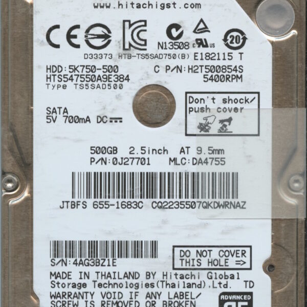 HTS547550A9E384 0J27701 DA4755 THAILAND 08:12 500GB HDD