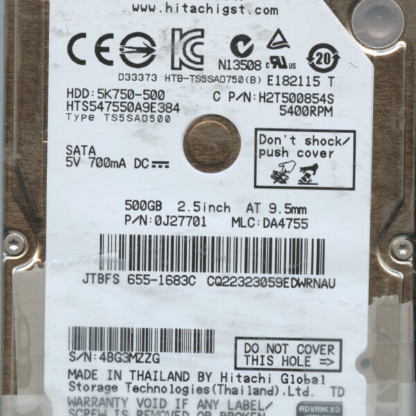 HTS547550A9E384 0J27701 DA4755 THAILAND 08:12 500GB HDD