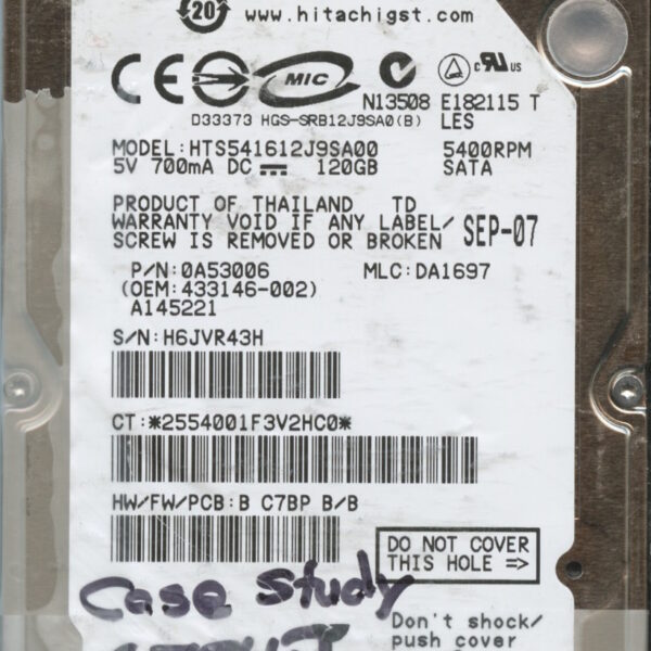 HTS541612J9SA00 0A53006 DA1697 THAILAND 09:07 120GB HDD