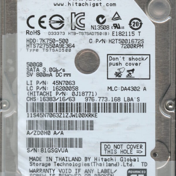 HTS727550A9E364 0J18771 DA4302 THAILAND 04:12 500GB HDD