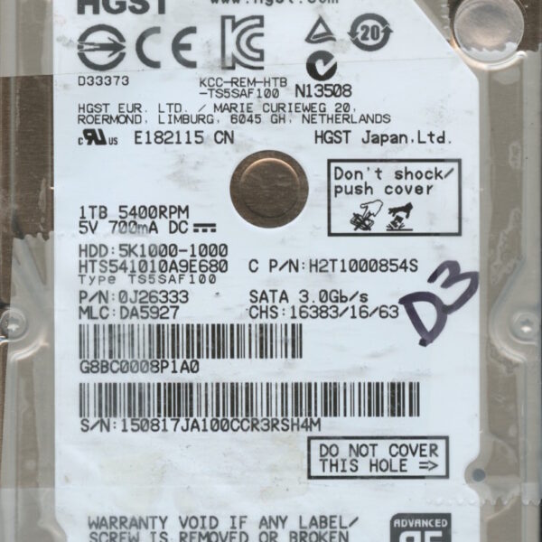 HGST HTS541010A9E680 0J26333 DA5927 CHINA 08:15 1TB HDD