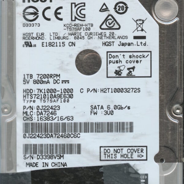 HGST HTS541010A9E680 0J26333 DA5927 CHINA 08:15 1TB HDD