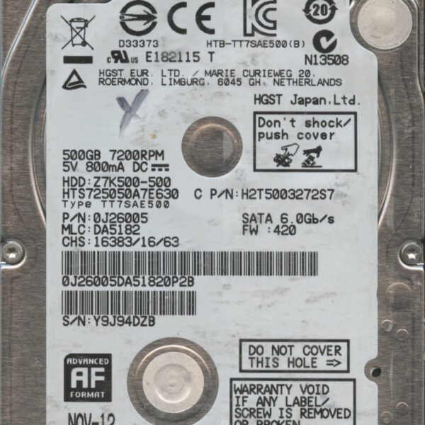 HGST HTS725050A7E630 0J26005 DA5182 THAILAND 11:12 500GB HDD