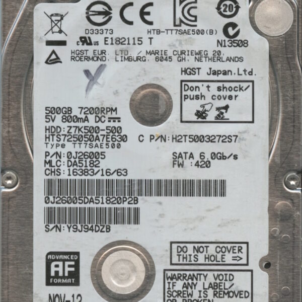 HGST HTS725050A7E630 0J32735 DA5427 THAILAND 11:12 500GB HDD