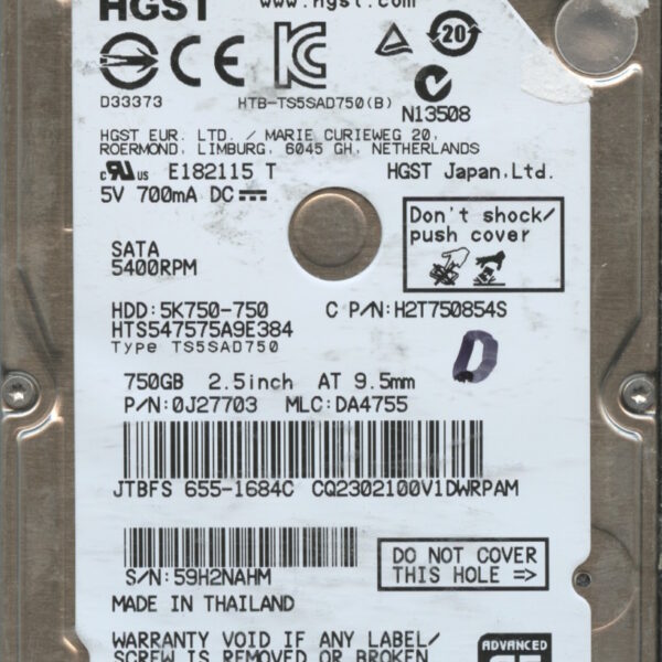 HGST HTS547575A9E384 0J27703 DA4755 THAILAND 01:13 750GB HDD