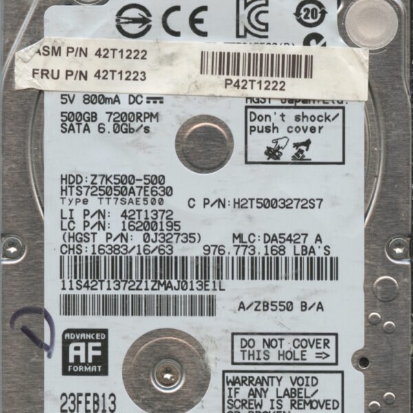 HGST HTS725050A7E630 0J32735 DA5427 THAILAND 02:13 500GB HDD