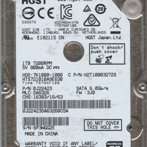 HGST HTS721010A9E630 0J22423 DA6326 CHINA 10:15 1TB HDD