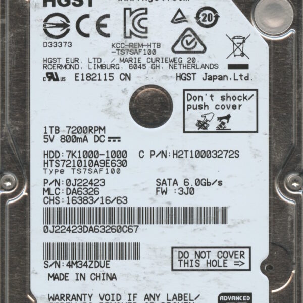 HGST HTS721010A9E630 0J22423 DA6326 CHINA 07:16 1TB HDD