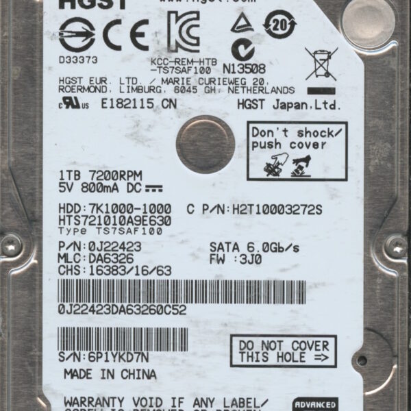 HGST HTS721010A9E630 0J22423 DA6326 CHINA 02:15 1TB HDD