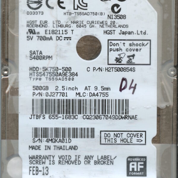 HGST HTS547550A9E384 0J27701 DA4755 THAILAND 02:13 500GB HDD