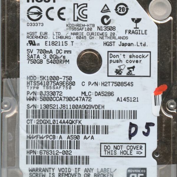 HGST HTS541075A9E680 0J33072 DA5286 THAILAND 05:13 750GB HDD