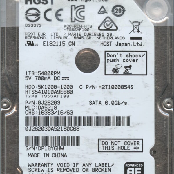 HGST HTS541010A9E680 0J26203 DA5218 CHINA 08:16 1TB HDD