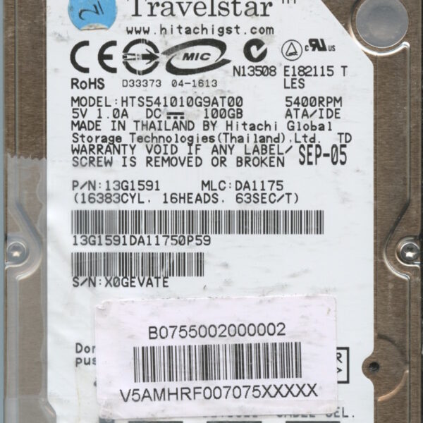 HTS541010G9AT00 13G1591 DA1175 THAILAND 09:05 100GB HDD