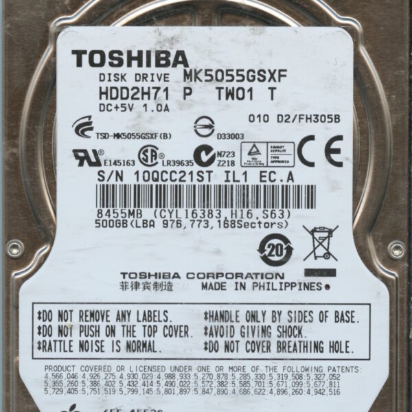 MK5055GSXF HDD2H71 P TW01 T D2:FH305B MAC 655-1552C 500GB HDD