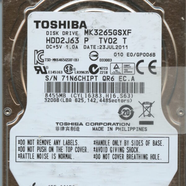 MK3265GSXF HDD2J63 P TV02 T E0:GP006B MAC 655-1645C 320GB HDD