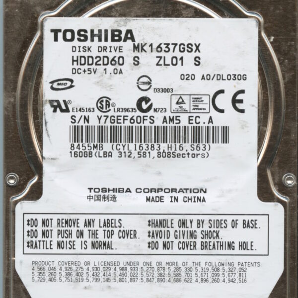 MK1637GSX HDD2D60 S ZL01 S A0:DL030G 160GB HDD