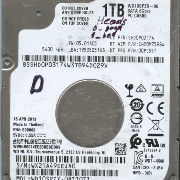 WESTERN DIGITAL WD10SPZX-08Z10T1 WX21A 04/19 1TB HDD