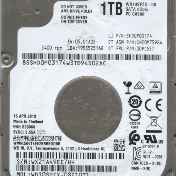 WESTERN DIGITAL WD10SPZX-08Z10T1 WX21A 04:19 1TB HDD