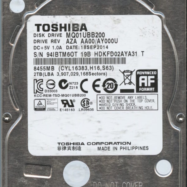 TOSHIBA MQ01UBB200 AZA AA00:AY000U 2TB HDD