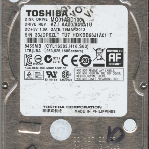 TOSHIBA MQ01ABD100 AZJ AA00:AX0A1U 1TB HDD