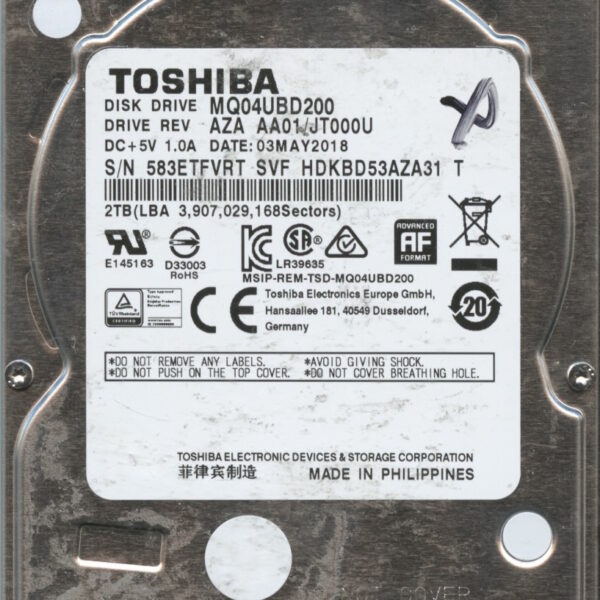 TOSHIBA MQ04UBD200 AZA AA01:JT000U 2TB HDD