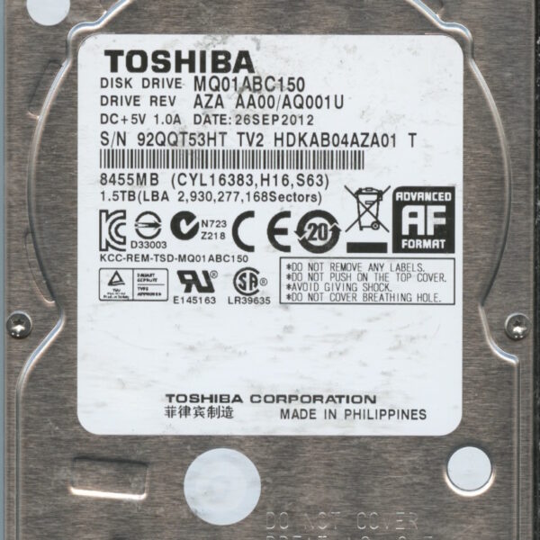 TOSHIBA MQ01ABC1500 AZA AA00:AQ001U 1.5TB HDD