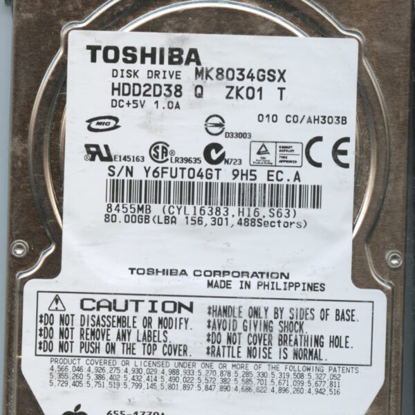 TOSHIBA MK8034GSX HDD2D38 Q ZK01 T C0:AH303B MAC 655-1339A 80GB HDD