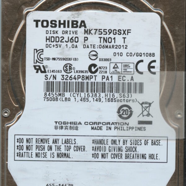 TOSHIBA MK7559GSXF HDD2J60 P TN01 T C0:GQ108B 750GB HDD