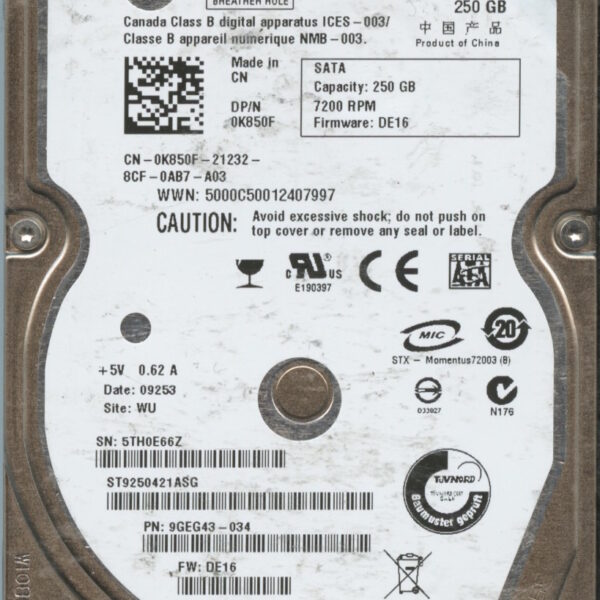 SEAGATE ST9250421ASG 9GEG43-034 DE16 250GB HDD