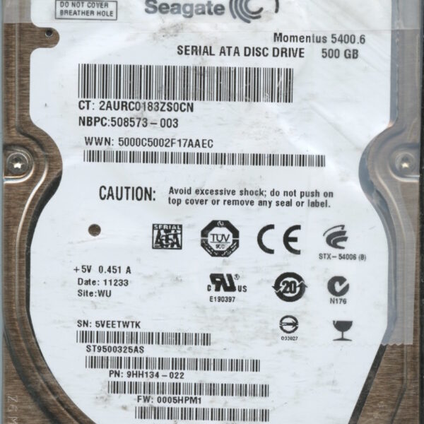 SEAGATE ST9500325AS 9HH134-022 0005 500GB HDD