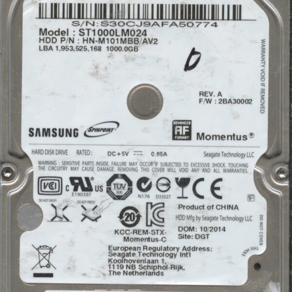 SAMSUNG ST1000LM024 HN-M101MBB:AV2 E7083-G94A-CQYTH 1TB HDD