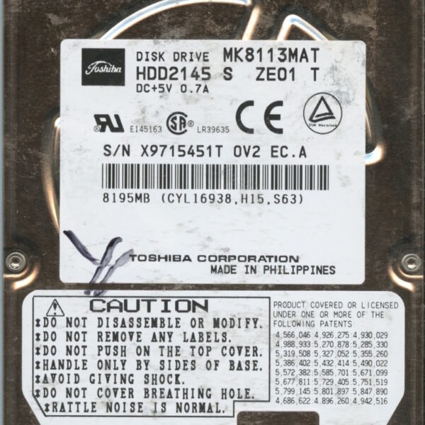 TOSHIBA MK8113MAT HDD2145 S ZE01 T DXM01D0Q 8GB HDD