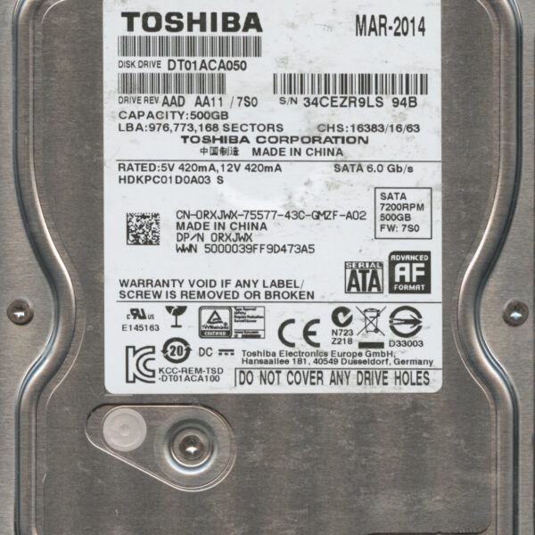 TOSHIBA DT01ACA050 AAD AA11:7S0 500GB HDD