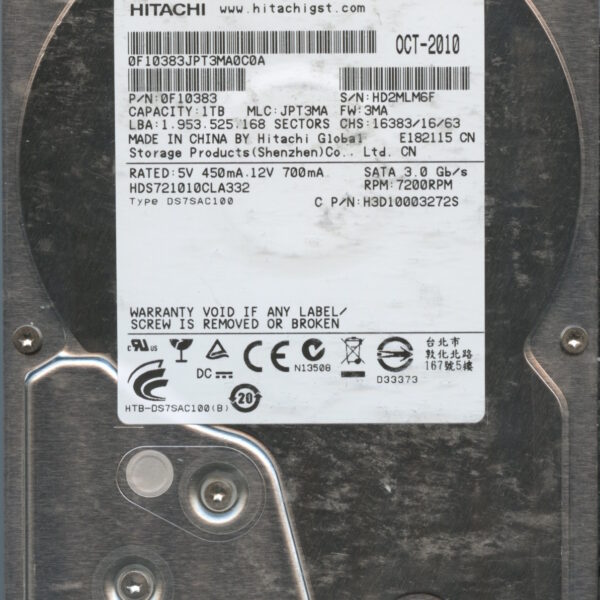 TOSHIBA HDS721010CLA332 0F10383 JPT3MA 10:10 1TB HDD