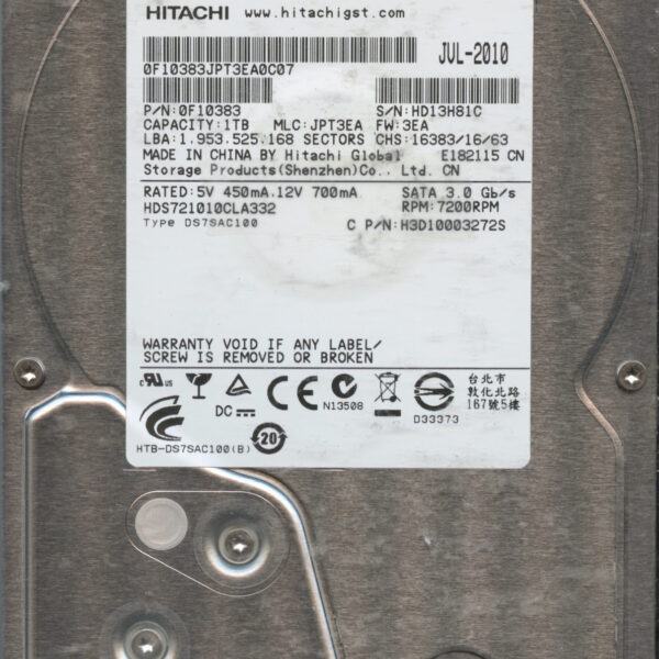 HITACHI HDS721010CLA332 0F10383 JPT3EA 07:10 1TB HDD