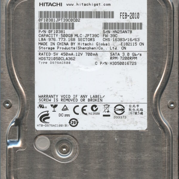 HITACHI HDS721050CLA362 0F10381 JPT39C 02:10 500GB HDD