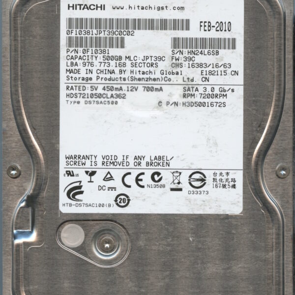 HITACHI HDS721050CLA362 0F10381 JPT39C 02:10 500GB HDD