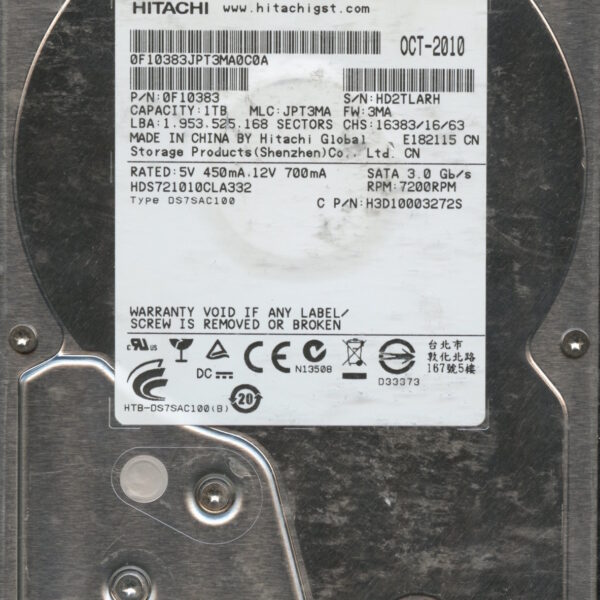 HITACHI HDS721010CLA332 0F10383 JPT3MA 10:10 1TB HDD