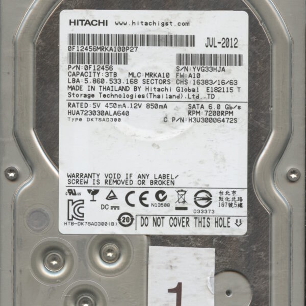 HITACHI HUA723030ALA640 0F12456 MRKA10 07:12 3TB HDD