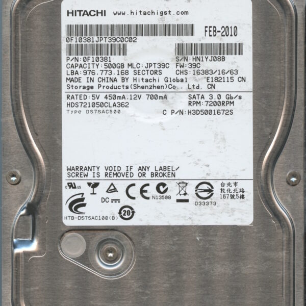 HITACHI HDS721050CLA360 0F10381 JPT39C 02:10 500GB HDD