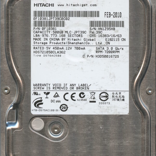 HITACHI HDS721050CLA360 0F10381 JPT39C 02:10 500GB HDD