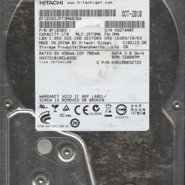 HITACHI HDS721010CLA332 0F10383 JPT3MA 10:10 1TB HDD