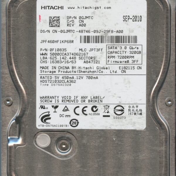 HITACHI HDS721032CLA362 0F10835 JPT3FF 09:10 320GB HDD